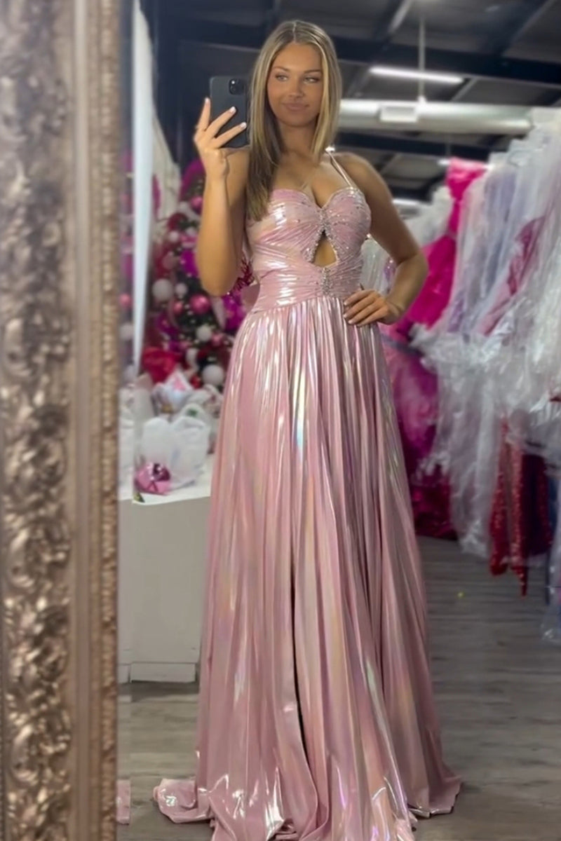 Load image into Gallery viewer, Metallic Blush A-Line Spaghetti Straps Beaded Ruched Long Prom Dress with Slit