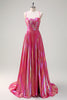 Load image into Gallery viewer, Metallic Blush A-Line Spaghetti Straps Beaded Ruched Long Prom Dress with Slit