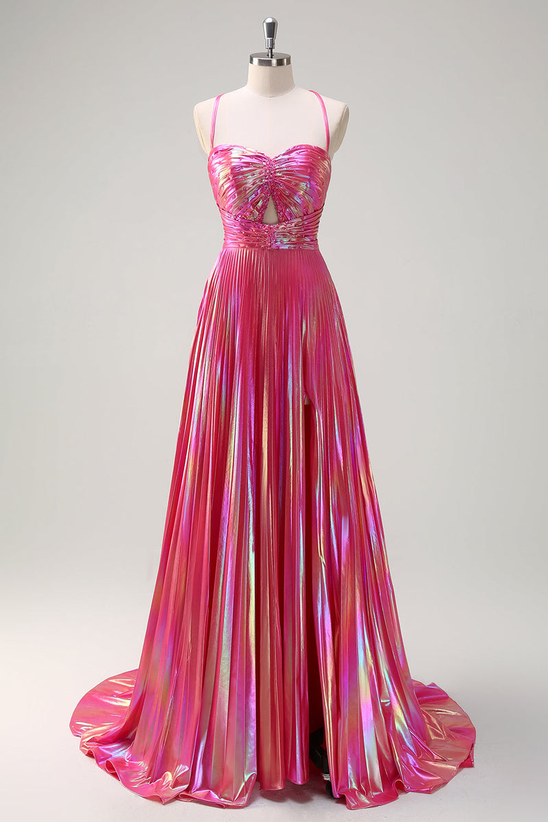 Load image into Gallery viewer, Metallic Blush A-Line Spaghetti Straps Beaded Ruched Long Prom Dress with Slit