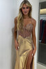 Load image into Gallery viewer, Sparkly Golden Mermaid Spaghetti Straps Beaded Corset Long Prom Dress with Slit