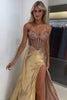 Load image into Gallery viewer, Sparkly Golden Mermaid Spaghetti Straps Beaded Corset Long Prom Dress with Slit