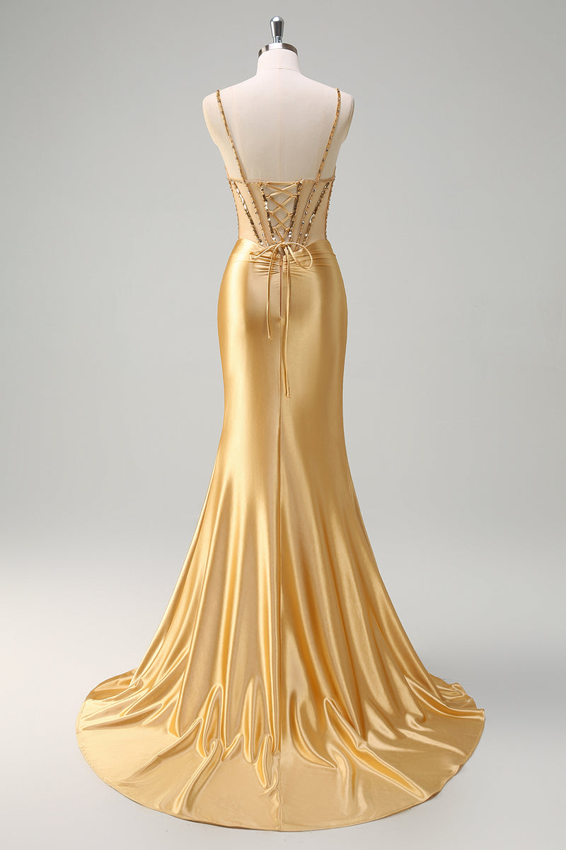 Load image into Gallery viewer, Sparkly Golden Mermaid Spaghetti Straps Beaded Corset Long Prom Dress with Slit