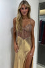 Load image into Gallery viewer, Sparkly Golden Mermaid Spaghetti Straps Beaded Corset Long Prom Dress with Slit