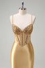 Load image into Gallery viewer, Sparkly Golden Mermaid Spaghetti Straps Beaded Corset Long Prom Dress with Slit