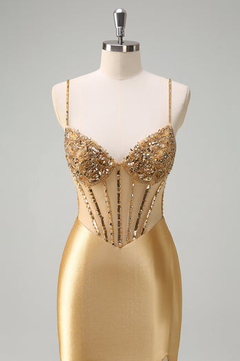 Sparkly Golden Mermaid Spaghetti Straps Beaded Corset Long Prom Dress with Slit