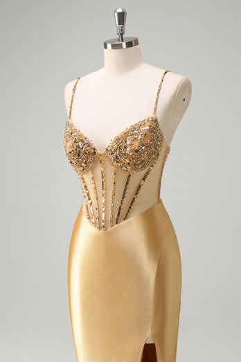 Sparkly Golden Mermaid Spaghetti Straps Beaded Corset Long Prom Dress with Slit