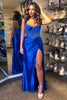 Load image into Gallery viewer, Sparkly Royal Blue Mermaid Spaghetti Straps Beaded Corset Satin Long Prom Dress with Slit