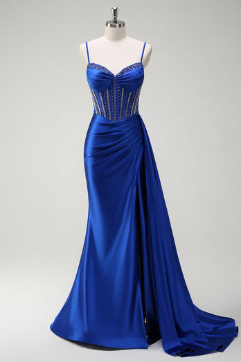 Sparkly Royal Blue Mermaid Spaghetti Straps Beaded Corset Satin Long Prom Dress with Slit