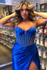 Load image into Gallery viewer, Sparkly Royal Blue Mermaid Spaghetti Straps Beaded Corset Satin Long Prom Dress with Slit