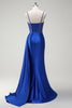 Load image into Gallery viewer, Sparkly Royal Blue Mermaid Spaghetti Straps Beaded Corset Satin Long Prom Dress with Slit