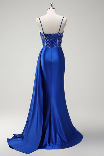 Sparkly Royal Blue Mermaid Spaghetti Straps Beaded Corset Satin Long Prom Dress with Slit