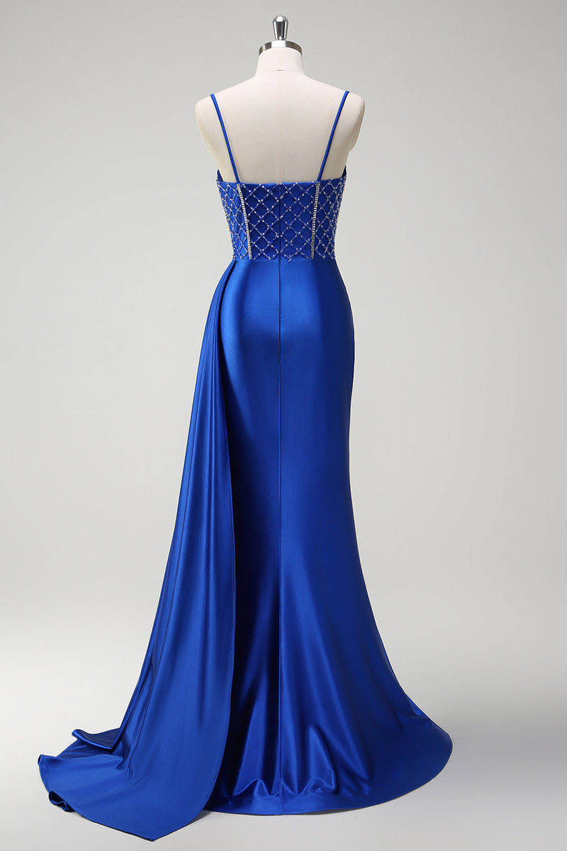 Load image into Gallery viewer, Sparkly Royal Blue Mermaid Spaghetti Straps Beaded Corset Satin Long Prom Dress with Slit