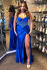 Load image into Gallery viewer, Sparkly Royal Blue Mermaid Spaghetti Straps Beaded Corset Satin Long Prom Dress with Slit