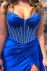 Load image into Gallery viewer, Sparkly Royal Blue Mermaid Spaghetti Straps Beaded Corset Satin Long Prom Dress with Slit