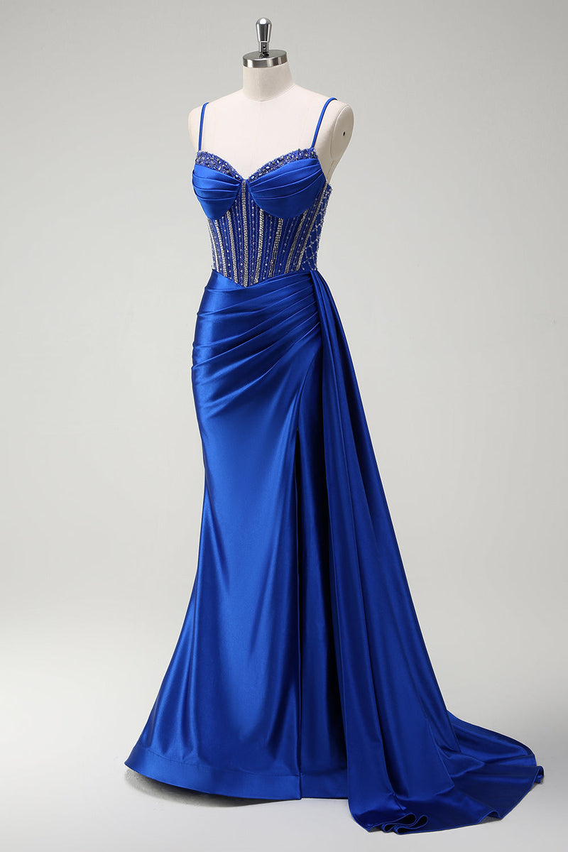 Load image into Gallery viewer, Sparkly Royal Blue Mermaid Spaghetti Straps Beaded Corset Satin Long Prom Dress with Slit