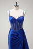 Load image into Gallery viewer, Sparkly Royal Blue Mermaid Spaghetti Straps Beaded Corset Satin Long Prom Dress with Slit