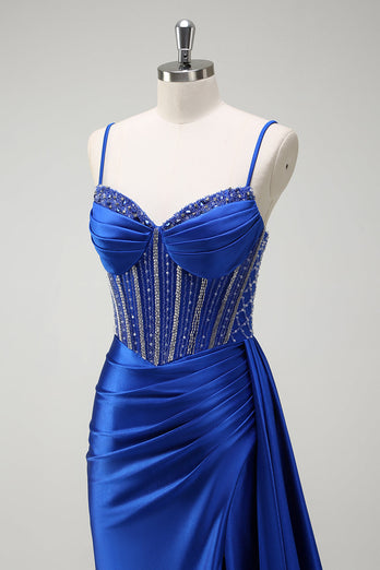 Sparkly Royal Blue Mermaid Spaghetti Straps Beaded Corset Satin Long Prom Dress with Slit