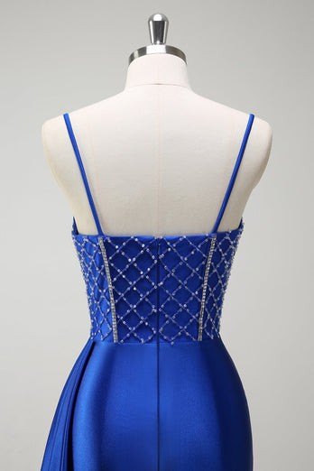 Sparkly Royal Blue Mermaid Spaghetti Straps Beaded Corset Satin Long Prom Dress with Slit