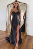 Load image into Gallery viewer, Sparkly Black Mermaid Strapless Beaded Satin Long Prom Dress with Slit