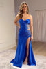 Load image into Gallery viewer, Sparkly Black Mermaid Strapless Beaded Satin Long Prom Dress with Slit