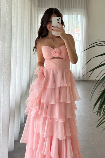 Blush A-Line Flower Strapless Ruffles Long Prom Dress with Slit