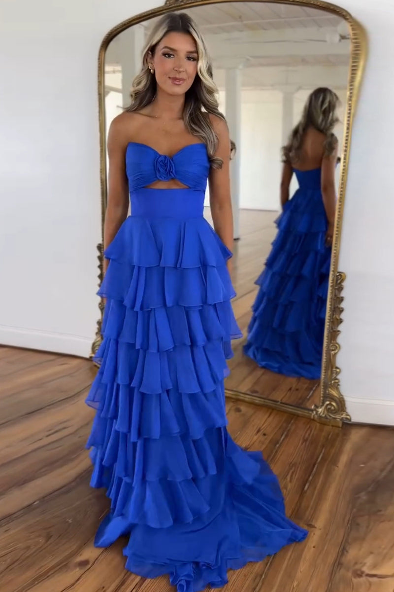 Load image into Gallery viewer, Royal Blue A-Line Strapless Flower Ruffles Long Prom Dress with Slit