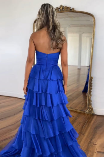 Royal Blue A-Line Strapless Flower Ruffles Long Prom Dress with Slit