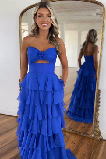 Royal Blue A-Line Strapless Flower Ruffles Long Prom Dress with Slit