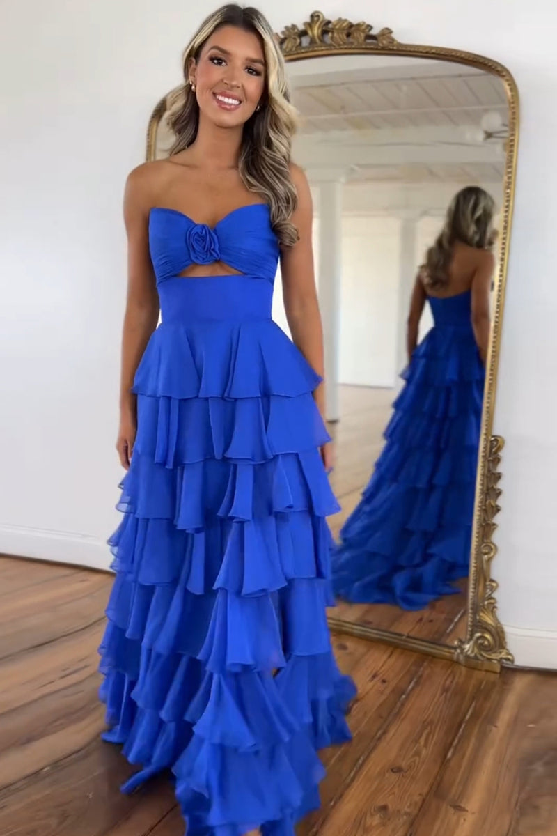 Load image into Gallery viewer, Royal Blue A-Line Strapless Flower Ruffles Long Prom Dress with Slit