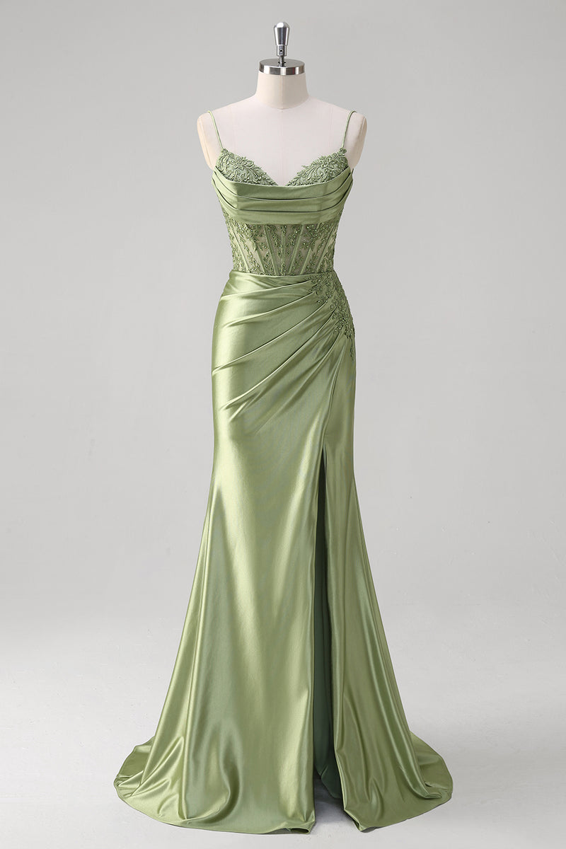 Load image into Gallery viewer, Sparkly Green Mermaid Spaghetti Straps Corset Ruched Appliques Long Prom Dress with Slit