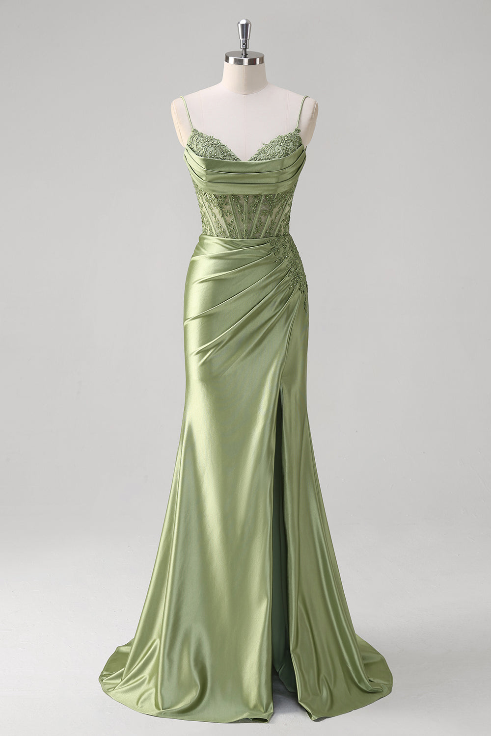 Sparkly Green Mermaid Spaghetti Straps Corset Ruched Appliques Long Prom Dress with Slit