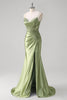 Load image into Gallery viewer, Sparkly Green Mermaid Spaghetti Straps Corset Ruched Appliques Long Prom Dress with Slit