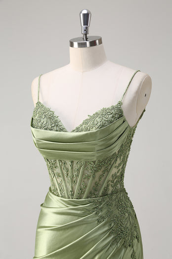 Sparkly Green Mermaid Spaghetti Straps Corset Ruched Appliques Long Prom Dress with Slit