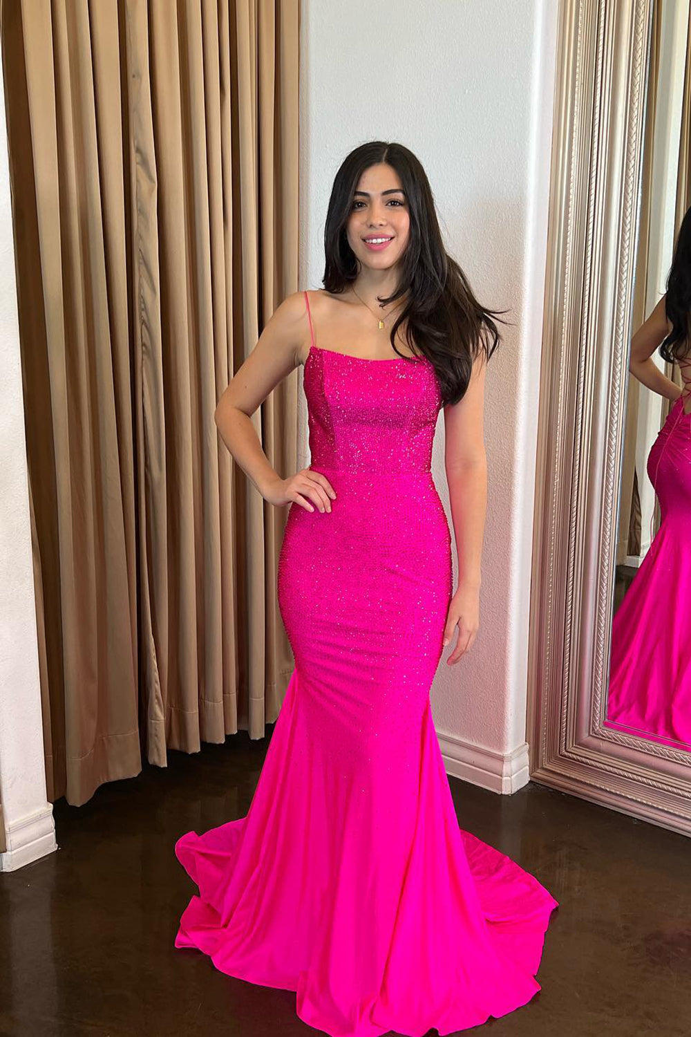 Sparkly Fuchsia Mermaid Spaghetti Straps Beaded Satin Long Prom Dress