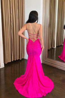 Sparkly Fuchsia Mermaid Spaghetti Straps Beaded Satin Long Prom Dress