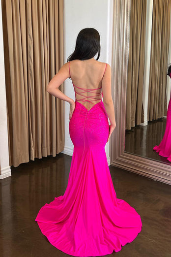 Sparkly Fuchsia Mermaid Spaghetti Straps Beaded Satin Long Prom Dress