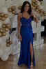 Load image into Gallery viewer, Sparkly Royal Blue Mermaid Ruched Corset Sequined Satin Long Prom Dress