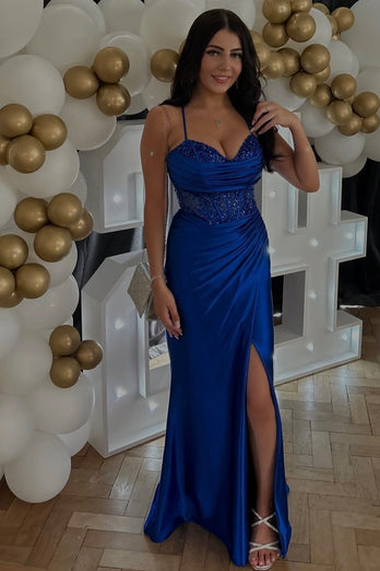 Sparkly Royal Blue Mermaid Ruched Corset Sequined Satin Long Prom Dress