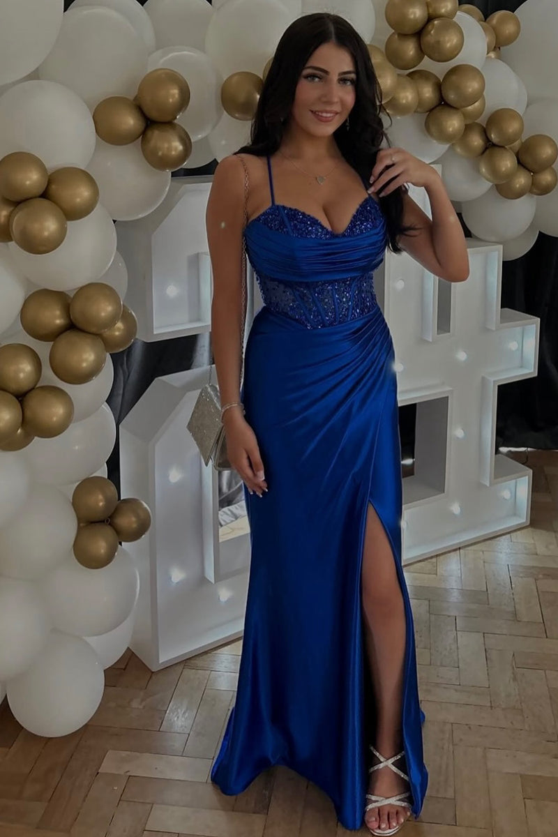 Load image into Gallery viewer, Sparkly Royal Blue Mermaid Ruched Corset Sequined Satin Long Prom Dress