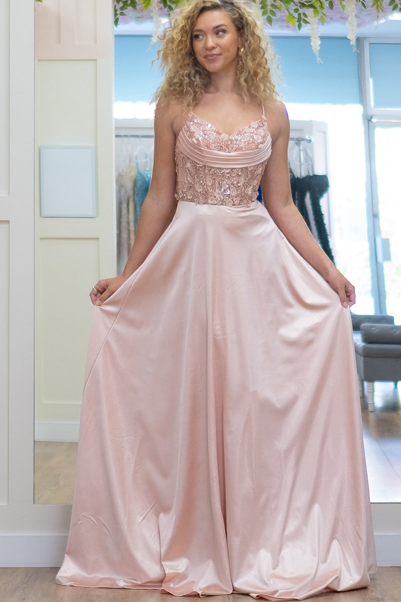 Load image into Gallery viewer, Sparkly Pink A-Line Spaghetti Straps Corset Flowers Long Prom Dress