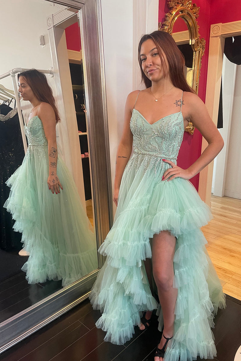 Load image into Gallery viewer, Sparkly Sage A-Line Spaghetti Straps Sequined Ruffles Tulle Asymmetrical Long Prom Dress