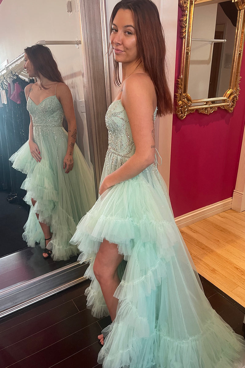 Load image into Gallery viewer, Sparkly Sage A-Line Spaghetti Straps Sequined Ruffles Tulle Asymmetrical Long Prom Dress