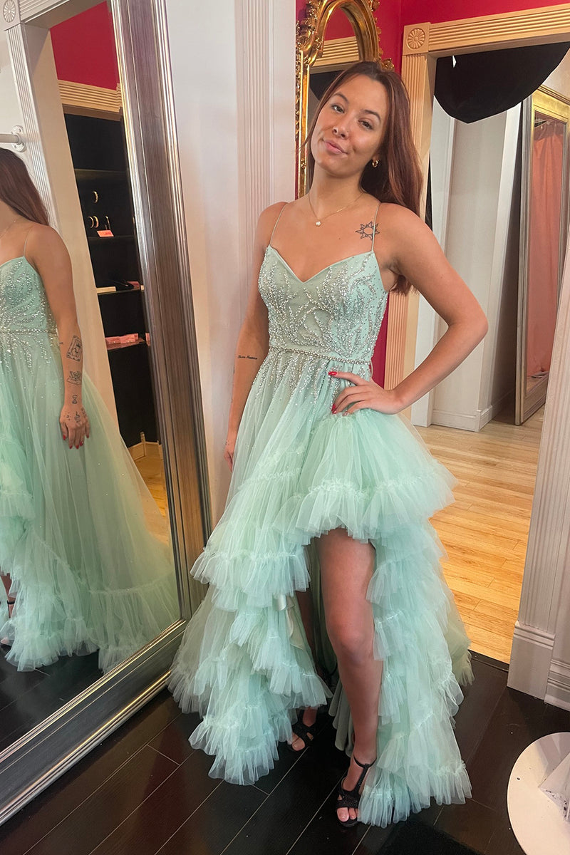 Load image into Gallery viewer, Sparkly Sage A-Line Spaghetti Straps Sequined Ruffles Tulle Asymmetrical Long Prom Dress