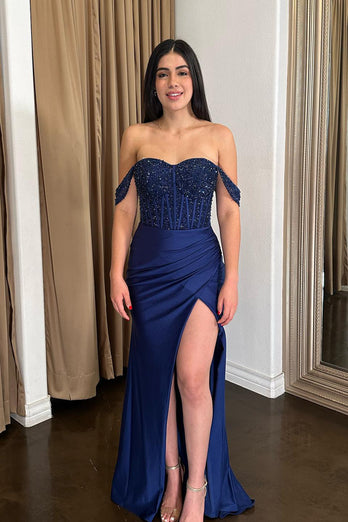 Sparkly Navy Mermaid Off the Shoulder Corset Sequins Ruched Long Prom Dress with Slit