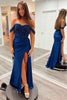 Load image into Gallery viewer, Sparkly Navy Mermaid Off the Shoulder Corset Sequins Ruched Long Prom Dress with Slit