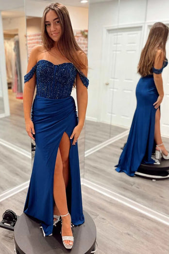 Sparkly Navy Mermaid Off the Shoulder Corset Sequins Ruched Long Prom Dress with Slit