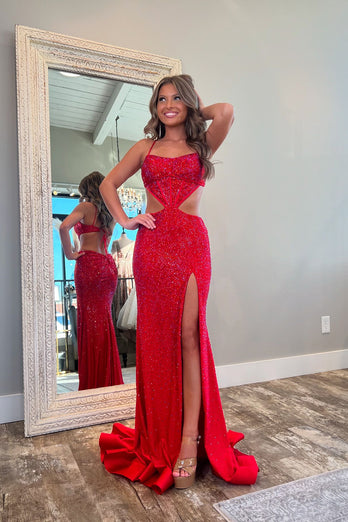 Sparkly Red Mermaid Spaghetti Straps Beaded Corset Cut-Out Long Prom Dress with Slit