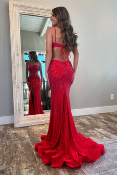 Sparkly Red Mermaid Spaghetti Straps Beaded Corset Cut-Out Long Prom Dress with Slit