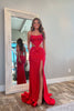 Load image into Gallery viewer, Sparkly Red Mermaid Spaghetti Straps Beaded Corset Cut-Out Long Prom Dress with Slit