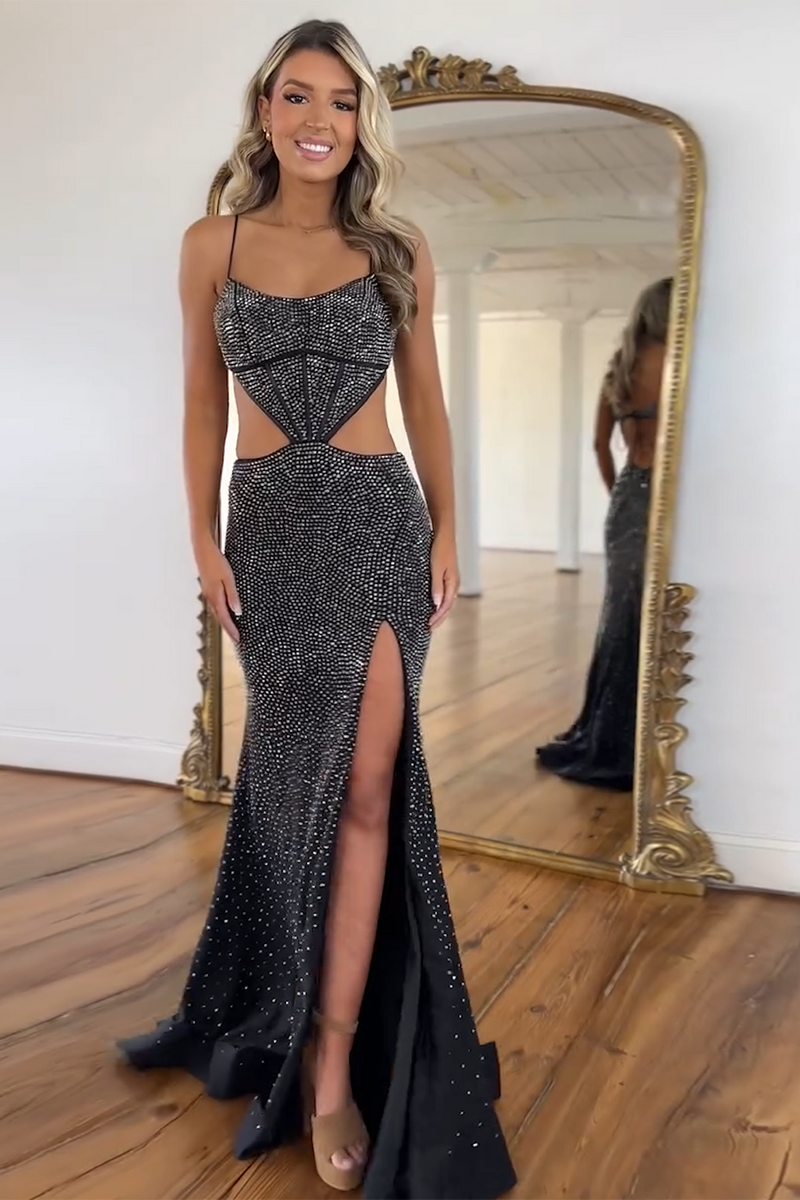 Load image into Gallery viewer, Sparkly Red Mermaid Spaghetti Straps Beaded Corset Cut-Out Long Prom Dress with Slit